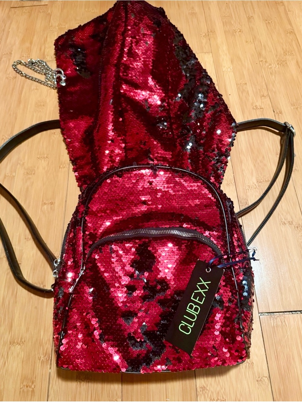 Club EXX Disco Fusion Red Sequin Hooded Backpack, new with tags